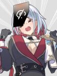  belt black_gloves bouncing_breasts breasts closed_eyes gloves honkai:_star_rail honkai_(series) large_breasts open_mouth red_hair short_hair topaz_(honkai:_star_rail) white_hair ynfkin 