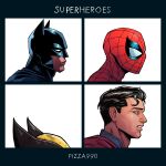  4boys absurdres artist_name batman batman_(series) black_hair blue_eyes cowl dc_comics english_commentary english_text eyelashes frown height_difference highres marvel mask multiple_boys out_of_frame pizza990 red_mask short_hair short_male spider-man spider-man_(series) spider_web_print superhero_costume superman superman_(series) white_background wolverine_(x-men) x-men 