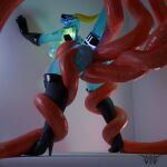3d_(artwork) against_surface against_wall anal anthro clothing cybernetics cyborg digital_media_(artwork) empty_room female footwear goo_creature hi_res high_heels leg_wrap machine phrostbite shoes solo tentacles vaginal