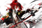  1boy abs bishounen black_jacket blood blood_on_body blood_on_face blood_on_weapon blood_splatter blood_spray closed_mouth coldiron collarbone fighting_stance hand_up high_collar highres holding holding_sword holding_weapon jacket long_hair male_focus open_clothes open_jacket pectoral_cleavage pectorals ponytail profile red_eyes red_hair smoke solo sword torn_clothes weapon yong_jie_wujian 