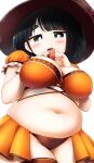  1girl absurdres big_mukimuki_&amp;_small_muchimuchi black_hair blush breasts brown_hat commentary_request cowboy_shot dot_nose food hat highres hinoharaf_(14310486) holding holding_food large_breasts looking_at_viewer medium_hair mole mole_on_stomach navel orange_skirt plump protein_bar shiina_(big_mukimuki_&amp;_small_muchimuchi) short_sleeves simple_background skirt solo thick_eyebrows thick_thighs thighhighs thighs white_background 