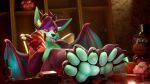 3d_(artwork) 4_toes absurd_res anthro bangs blue_membrane blurred_background can canid canine chair claws container cupcake_(fnaf) digital_media_(artwork) dragon dutch_angle feet five_nights_at_freddy&#039;s foot_focus forked_tongue freddy_(fnaf) fur furniture hair hi_res holding_can holding_container holding_object hybrid inner_ear_fluff inside jizzy_fox_(jizzyfox) jizzyfox looking_at_viewer male mammal membrane_(anatomy) membranous_wings mythological_creature mythological_scalie mythology on_chair pawpads paws plushie purple_body purple_hair purple_wings red_eyes red_sclera scalie scottgames sharp_teeth short_hair sitting sitting_on_chair smile smiling_at_viewer solo striped_arms striped_legs swept_bangs teal_body teal_fur teal_pawpads teeth toes tongue tongue_out tuft watermark wings
