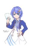  1girl akikawa_yayoi_(umamusume) akikawa_yayoi_(umamusume)_(cosplay) blue_eyes canoka cosplay cowboy_shot crescent crescent_hair_ornament dated folding_fan hair_ornament hand_fan hand_on_own_hip highres holding holding_fan jacket jitome kantai_collection long_sleeves looking_at_viewer name_connection one-hour_drawing_challenge purple_hair purple_jacket shirt short_hair_with_long_locks simple_background skirt solo twitter_username umamusume white_shirt white_skirt yayoi_(kancolle) 