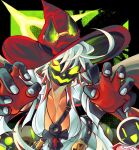  1girl ahoge ankh_necklace black_gloves black_mask bodysuit breasts chocochip_trip cleavage colored_inner_hair commentary gloves guilty_gear guilty_gear_xrd hat highres jack-o&#039;_valentine large_breasts long_hair looking_at_viewer multicolored_hair red_hair red_hat smile two-tone_hair white_bodysuit white_hair witch_hat 