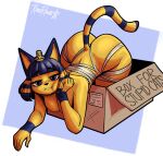 animal_crossing ankha_(animal_crossing) anthro bandage big_butt bored box butt clothing container domestic_cat egyptian egyptian_clothing felid feline felis female hi_res kneeling looking_at_viewer mammal nintendo rakurawr solo text thick_thighs yellow_body