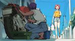  1boy 1girl :d backpack bag blue_pants blue_sky bucket building day gloves grey_shorts highres holding holding_bag kijou_madoka motor_vehicle motorcycle oshamanbe pants parted_bangs pink_hair plastic_bag ponytail power_lines protagonist_(tokimemo_gs) purple_hair sandals short_ponytail shorts sky smile tokimeki_memorial tokimeki_memorial_girl&#039;s_side tokimeki_memorial_girl&#039;s_side_1st_love toolbox walking 