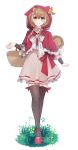  1girl absurdres airani_iofifteen_(artist) animal_ears ayunda_risu basket blush brown_hair commentary cosplay dress green_eyes hashtag-only_commentary highres hololive hololive_indonesia hood little_red_riding_hood_(fairy_tale_character) little_red_riding_hood_(fairy_tale_character)_(cosplay) long_hair looking_at_viewer smile solo squirrel_ears squirrel_girl squirrel_tail tail thighhighs virtual_youtuber 