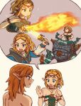  1boy 1girl armlet black_gloves blonde_hair blue_shirt bracelet braid breasts choker circlet crown_braid dress earrings flamethrower gloves gold_trim highres image_in_speech_bubble jewelry link magatama magatama_necklace medium_breasts medium_hair necklace open_mouth parted_bangs pointy_ears princess_zelda shirt short_hair shouting sidelocks smile strapless strapless_dress teardrop_facial_mark teateeeea the_legend_of_zelda the_legend_of_zelda:_tears_of_the_kingdom topless_male upper_body weapon white_background white_dress 