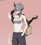  1girl adjusting_eyewear artist_name aura bag black-framed_eyewear black_choker breasts choker cigarette cleavage covered_navel cowboy_shot dark_aura extra_arms eyelashes grey_hair grey_pants hair_between_eyes hair_horns hand_in_pocket highres holding holding_bag holding_cigarette horns k3nnyn3v leotard long_single_sidelock mask mole mole_under_eye mouth_mask original pants pink_background shopping_bag short_hair short_hair_with_long_locks simple_background single_horn single_sidelock smoke smoke_from_mouth solo sunglasses undercut very_short_hair white_leotard yellow_eyes 