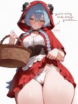  1girl alternate_costume artist_name basket black_choker blue_hair blush braid breasts brown_corset cameltoe choker chui_art closed_mouth clothes_lift corset cosplay dress english_text from_below goat_girl goat_horns highres holding holding_basket horns little_red_riding_hood_(fairy_tale) little_red_riding_hood_(fairy_tale_character) little_red_riding_hood_(fairy_tale_character)_(cosplay) lucia_elowen medium_breasts panties pointy_ears red_dress red_hood simple_background skirt skirt_lift solo thighs twin_braids underwear white_background white_panties zenless_zone_zero 