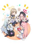  &lt;|&gt;_&lt;|&gt; 4girls ^^^ akaimame azusa_(blue_archive) black_pantyhose black_skirt black_wings blue_archive blush book commentary_request english_text halo hanako_(blue_archive) head_wings hifumi_(blue_archive) highres holding holding_book holding_marker koharu_(blue_archive) long_hair make-up_work_club_(blue_archive) marker multiple_girls musical_note notice_lines pantyhose peroro_(blue_archive) pink_hair pink_halo red_halo sailor_collar school_uniform seiza simple_background sitting skirt socks spoken_object white_hair white_skirt white_socks wings yellow_halo 