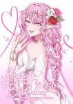  1girl alternate_costume back backless_dress backless_outfit bare_shoulders blue_nails breasts commentary dated dress elf elysia_(honkai_impact) english_commentary flower hair_flower hair_ornament happy_birthday highres honkai_(series) honkai_impact_3rd khuffi large_breasts long_hair looking_at_viewer pink_hair pointy_ears simple_background smile solo tiara very_long_hair white_background white_dress 