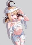  1girl absurdres ahoge bandages blonde_hair breasts brown_hair claw_pose cleavage commentary english_commentary gigi_murin grey_background highres hololive hololive_english huge_ahoge long_hair looking_at_viewer multicolored_hair mummy_costume naked_bandage navel open_mouth pink_eyes shadow sharp_teeth short_hair simple_background small_breasts solo specwamen standing teeth twintails two-tone_hair virtual_youtuber yellow_nails 