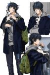  1boy absurdres alternate_body_size alternate_costume animal backpack bag bandaid bandaid_on_cheek bandaid_on_face black_hair black_pants blue_eyes blue_jacket blue_sleeves blunt_ends casual cat choppy_bangs closed_eyes closed_mouth commentary contemporary dintoge earrings facing_down genshin_impact green_bag grey_hood grey_hoodie grey_sleeves hands_in_pocket hands_up head_down highres holding holding_animal holding_cat hood hood_down hoodie jacket jacket_over_hoodie jewelry layered_sleeves long_sleeves looking_to_the_side male_focus multiple_views open_clothes open_jacket pants rain ribbed_sleeves scaramouche_(genshin_impact) sleeping solo symbol-only_commentary watch wet white_background wristwatch zzz 