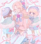  1boy 2others :d ^_^ adjusting_another&#039;s_clothes age_difference aqua_capelet bad_id bad_pixiv_id blonde_hair blue_background blue_boots blue_bow blue_bowtie blue_hat blue_shoes blue_shorts bob_cut boots bow bowtie brown_eyes brown_hair capelet closed_eyes coat cookie_run cookie_run:_ovenbreak dark_skin earl_grey_cookie earl_grey_cookie_(romantic_sugar_s/s_collection_model) face-to-face facing_another feet_out_of_frame flower foot_out_of_frame frilled_shorts frills full_body fur-trimmed_capelet fur_trim glasses hair_bow hair_flower hair_ornament halftone hamchan69 hat high_heel_boots high_heels high_ponytail highres humanization jitome knee_boots kneehighs knees_out_of_frame long_hair long_sleeves looking_at_another mole mole_under_mouth multiple_others no_pupils official_alternate_costume official_alternate_hair_color official_alternate_hair_length official_alternate_hairstyle open_mouth pale_skin pants pawn_black_cookie pawn_white_cookie pink_bow pink_coat pink_flower pink_hair pink_ribbon pink_rose pom_pom_(clothes) ponytail profile puffy_shorts ribbon rose round_eyewear shoes short_hair shorts siblings simple_background smile socks standing standing_on_one_leg twins very_long_hair wavy_hair white_pants white_socks yellow-framed_eyewear 