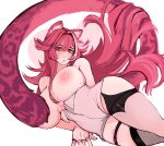  1girl absurdres animal_ears artist_name black_garter_straps blush breasts commentary garter_straps guavafish hair_between_eyes hair_intakes hair_rings hashtag-only_commentary high-waist_shorts highres hololive hololive_english huge_breasts large_tail long_hair looking_at_viewer lying mole mole_on_breast mole_on_shoulder mole_on_thigh mole_under_mouth multicolored_hair nipples on_side open_mouth panther_ears panther_girl panther_tail pink_hair raora_panthera raora_panthera_(1st_costume) shorts simple_background single_garter_strap single_thighhigh solo streaked_hair tail thigh_strap thighhighs thighs topless_female virtual_youtuber white_background white_shorts white_thighhighs yellow_eyes 