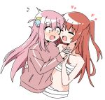  2girls bandages blush bocchi_the_rock! closed_eyes commentary cube_hair_ornament gotoh_hitori hair_ornament haru_(konomi_150) heart holding_hands interlocked_fingers jacket kita_ikuyo long_hair multiple_girls one_side_up open_mouth pink_hair pink_jacket red_hair sarashi simple_background smile track_jacket white_background yuri 