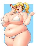  1girl absurdres aqua_background artist_name belly better-with-salt bikini blonde_hair blush border breasts cleavage clenched_hand cowboy_shot double_chin eating fat fat_rolls food food_on_face front-tie_top hands_up headphones highres holding holding_food hot_dog huge_breasts looking_at_food looking_down medium_hair muffin_top navel nitroplus obese open_mouth orange_eyes outside_border side-tie_bikini_bottom simple_background solo super_pochaco swimsuit teeth thick_arms thick_thighs thighs twintails upper_teeth_only white_bikini white_border 