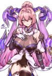  1girl artist_name black_thighhighs bodystocking breasts cleavage curved_horns detached_sleeves fire_emblem fire_emblem_heroes gloves goat_horns hand_on_own_chest highres horns large_breasts long_hair looking_at_viewer mismatched_thighhighs nerthuz_(fire_emblem) pink_hair ponytail purple_horns rotomdocs see-through_cleavage see-through_clothes smile solo thighhighs veil very_long_hair white_background white_gloves white_thighhighs 
