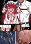  1boy 1girl absurdres blush breasts censored curled_horns diuda dragon_horns dress elizabeth_bathory_(avenger)_(fate) elizabeth_bathory_(fate) fate/grand_order fate_(series) hetero highres horns long_hair long_sleeves looking_at_viewer missionary multiple_views open_mouth penis pointy_ears pussy red_hair sex small_breasts smile spread_legs two_side_up vaginal veil white_dress 