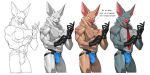 2025 abs absurd_res anthro arm_scar bat black_clothing black_gloves black_handwear black_latex brown_body brown_fur bulge chest_scar clothing cxcxxcxxxx dialogue dispatch english_text fur gloves grey_body grey_fur handwear hi_res jockstrap latex latex_clothing latex_gloves latex_handwear male mammal muscular muscular_anthro muscular_male necktie red_necktie scar solo sonar_(dispatch) text underwear