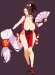  1girl bare_legs bare_shoulders breasts brown_eyes brown_hair cleavage curvy fatal_fury floral_print folding_fan full_body hand_fan high_ponytail highres holding holding_fan huge_breasts japanese_clothes kimono leaning_forward lips lipstick long_hair makeup no_bra obi parted_bangs pelvic_curtain ponytail purple_background r3dfive red_kimono red_lips revealing_clothes sash seductive_smile shiny_skin shiranui_mai sleeveless sleeveless_kimono smile solo standing tabi the_king_of_fighters thick_thighs thighs walking wide_hips wrist_guards 