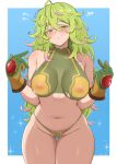  1girl ahoge armpit_crease blush boku_no_hero_academia border breasts cameltoe collarbone covered_nipples cowboy_shot crop_top curvy deku&#039;s_photo_of_hagakure_toru green_eyes green_hair green_panties groin hagakure_toru hands_up highres large_breasts long_hair messy_hair navel panties pointing pointing_at_self revealing_clothes sleeptopi solo stomach thigh_gap thighs underwear very_long_hair wavy_hair white_border 