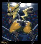 butt clothing cosplay_pikachu_(costume) crowd female feral fighting_ring generation_1_pokemon grin group hi_res jumping jumpsuit looking_at_viewer looking_back mammal murid murine nintendo pikachu pikachu_libre pokemon pokemon_(species) rakurawr rat rear_view rim_light rodent smile solo