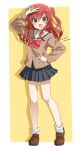  1girl :d ankle_socks arms_up artist_name black_skirt bocchi_the_rock! bow bowtie brown_cardigan brown_shoes cardigan commentary_request full_body highres kita_ikuyo kuuma25_kuma legs loafers long_hair one_side_up open_mouth pleated_skirt red_bow red_bowtie red_hair school_uniform serafuku shoes shuka_high_school_uniform skirt smile socks solo standing tongue twitter_username v watermark white_socks 