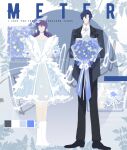 1boy 1girl absurdres alternate_costume animal_print arms_behind_back ascot black_pants black_shoes blue_background blue_dress blue_flower blue_hair blue_jacket blue_shoes bouquet bow brooch butterfly_hair_ornament butterfly_print center-flap_bangs chinese_commentary choker clarence_clayden collared_shirt color_guide colored_lapels cornflower curtained_hair dress dress_bow english_text faceless faceless_female faceless_male facing_viewer fascinator fashion flower frilled_dress frills full_body gradient_background hair_between_eyes hair_bow hair_ornament hat hat_flower heroine_(lovebrush_chronicles) highres holding holding_bouquet jacket jewelry lace-trimmed_dress lace_trim lapels leaf leaf_background long_hair long_sleeves lovebrush_chronicles medium_dress notched_lapels open_clothes open_jacket oval_background pants plaid_clothes plaid_lapels puffy_short_sleeves puffy_sleeves purple_hair see-through_clothes see-through_sleeves shirt shoes short_hair short_sleeves side-by-side snow234 socks standing straight-on striped_background two-tone_background white_ascot white_background white_bow white_choker white_flower white_shirt white_socks zoom_layer 