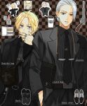  10000_yen_note 2boys absurdres bag banknote belt belt_buckle ben-day_dots black_belt black_boots black_eyes black_necktie black_pants black_shirt black_suit blonde_hair blue_eyes boots brown_background brown_belt buckle chain checkered_background checkered_bag chibi chibi_inset cigarette cigarette_case collared_shirt commentary_request cross cup disposable_coffee_cup disposable_cup dress_shirt dress_shoes english_text eyewear_strap formal_clothes glasses grey_necktie gun hair_bun hair_slicked_back handbag highres holding holding_cigarette jacket jewelry label lapels lighter looking_at_viewer male_focus minato_x3710 money multiple_boys multiple_rings necktie pants pinstripe_pattern pinstripe_shirt revolver ring round_eyewear sakamoto_days sakamoto_taro sakamoto_taro_(skinny) screentones shin_(sakamoto_days) shirt shoes short_hair shoulder_bag single_hair_bun skull_and_crossbones smoking striped_clothes striped_shirt suit suit_jacket translation_request vertical-striped_clothes vertical-striped_shirt watermark weapon white_hair zippo_lighter 