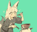  +_+ 1girl ahoge animal_ear_fluff animal_ear_piercing animal_ears aqua_eyes black_eyes black_shirt blue_background blush braid chinese_spoon chopsticks closed_mouth cocomayo29_(tomato) commentary crumbs eating fish_cake food fox_ears fox_girl fox_tail from_side hashtag-only_commentary highres holding holding_chopsticks hololive long_hair miteiru_(shirakami_fubuki) noodles oversized_clothes pentagram puffy_cheeks ramen shirakami_fubuki shirt side_braid simple_background single_braid slurping solo_focus sparkle symbol-only_commentary t-shirt tail virtual_youtuber white_hair 