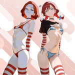  2girls absurdres arms_behind_back bikini black_choker black_shirt blue_eyes braid breasts choker closed_mouth clothes_lift commentary covered_nipples english_commentary genderswap genderswap_(mtf) highres looking_at_viewer mcdonald&#039;s multiple_girls navel otokakoto pale_skin red_hair ronald_mcdonald shirt shirt_lift short_hair small_breasts smile standing striped_bikini striped_clothes striped_thighhighs swimsuit thighhighs thighs twin_braids wendy&#039;s wendy_(wendy&#039;s) 