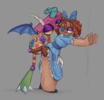 against_surface against_wall blush bodily_fluids bow_ribbon clothed clothing clothing_lift dress dress_lift duo eye_contact female glitch_productions hand_on_leg hand_on_thigh humanoid hunched_over living_toy looking_at_another looking_back nonbinary_(lore) rag_doll_(toy) ragatha_(tadc) shovelynnne size_difference smaller_female sweat sweatdrop the_amazing_digital_circus zooble_(tadc)