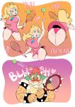 2022 absurd_res anthro aroused ball big_breasts blonde_hair blush bottomwear bowser breasts butt butt_shot clothing comic digital_drawing_(artwork) digital_media_(artwork) duo female female_focus funsexydragonball hair hi_res human koopa looking_at_another male male/female mammal mario_bros nintendo panties playing_sport princess_peach reptile scalie skirt smoke smoke_from_nose sport tennis tennis_ball tennis_racket thick_thighs turtle underwear