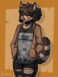 alternative_fashion anthro band_shirt canid canine canis clothed clothing coat collar deftones domestic_dog ear_piercing emo facial_piercing female hair hand_in_pocket hi_res hybrid mammal mouth_piercing nicole_(rakurawr) nose_piercing piercing pockets ponytail procyonid raccoon raccoon_tail rakurawr septum_piercing smile smirk smug solo tail topwear torn_clothing