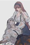  2girls black_hairband black_sclera black_skirt breasts brown_hair bushidaimo clair_obscur:_expedition_33 clea_(clair_obscur:_expedition_33) cleavage closed_eyes colored_sclera colored_skin commentary cowboy_shot dual_persona grey_lips grey_skin hairband hashtag-only_commentary highres holding_hands long_hair lying multiple_girls on_back painted_clea parted_lips shirt simple_background skirt suspender_skirt suspenders white_background white_hair white_shirt 