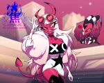  1boy 1girl blitzo_(helluva_boss) cho_bhd colored_skin commentary demon_boy demon_girl demon_horns demon_tail demon_wings dress english_commentary glasses hellaverse helluva_boss horns long_hair looking_at_another middle_finger pink_skin raised_eyebrows red_skin tail verosika_mayday wings 