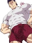  1boy bara bulge closed_eyes covered_penis cowboy_shot erection erection_under_clothes facing_viewer from_below girthy_penis hands_on_own_hips highres hunter_x_hunter large_pectorals male_focus mature_male muscular muscular_male pectorals penis razor_(hunter_x_hunter) red_shorts shirako_(kirupi) shirt short_hair shorts sideburns smile solo standing thick_thighs thighs tight_clothes tight_shirt too_many_watermarks watermark 