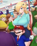  3girls 6+boys absurdres alternate_costume anger_vein annoyed blonde_hair blue_eyes blue_shirt blue_skirt blue_suit bowser breast_rest breasts breasts_on_head brown_hair collared_shirt constricted_pupils contemporary crowded curvy dismaiden donkey_kong earrings english_commentary hair_over_one_eye hat height_difference highres jewelry large_breasts luigi mario mario_(series) multiple_boys multiple_girls office_lady one_eye_covered pencil_skirt princess_daisy princess_peach red_hat rosalina salaryman shirt skirt suit toad_(mario) train_interior waluigi wario yoshi 
