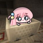  1girl artist_name block_(minecraft) blue_eyes blush bocchi_the_rock! cave_interior chibi cube_hair_ornament game_screenshot_background gotoh_hitori hair_ornament highres jacket long_hair looking_at_viewer lulalang minecart minecraft one_side_up pink_hair pink_jacket railroad_tracks screenshot_background solo twitter_username 