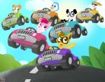 2020 agame avian banzai_(raccoon_racing) beagle beak bear bird black_body blue_body blue_eyes blue_sky blush brown_bear brown_body canid canine canis car cloud domestic_dog eyewear female floppy_ears fox giant_panda green_eyes grey_eyes grizzly_bear happy head_tuft hi_res hudson_(raccoon_racing) hunting_dog license_plate male mambo_(raccoon_racing) mammal multicolored_body penguin pingo_(raccoon_racing) pink_body pink_eyes procyonid raccoon raccoon_racing rainboweevee road rocko_(raccoon_racing) scent_hound sky sports_car steering_wheel sunglasses tan_body tire tuft ursine vehicle vixen_(raccoon_racing) white_body yellow_body