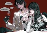  ... 2girls alcohol alternate_costume black_gloves black_hair black_pants black_shirt breasts chanel chinese_text cleavage commentary cup earrings gil_somyung gloves green_eyes head_rest highres holding holding_cup jacket jewelry like_mother_like_daughter long_hair long_sleeves m_omoo medium_hair mother_and_daughter multiple_girls necklace pants pearl_necklace red_background red_wine ring shirt sitting smile somyung&#039;s_mother_(like_mother_like_daughter) spoken_ellipsis symbol-only_commentary translated watermark weibo_username weibo_watermark white_jacket wine 