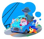  2girls bandana bandana_waddle_dee blue_bandana blush_stickers car colored_skin elfilin grass green_hat hat highres holding holding_wrench kirby kirby_(series) looking_at_another magolor map_(object) motor_vehicle multiple_girls neichel_(kirby) notched_ear outdoors pink_skin reironsenzai sitting star_(symbol) susie_(kirby) wrench 