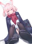  1girl :o adapted_costume aki_tsune animal_ear_fluff animal_ears armband bag between_legs black_bag black_coat black_pantyhose black_shoes blue_archive blue_eyes blue_halo blunt_bangs blush breath coat coat_on_shoulders cold commentary dutch_angle eyes_visible_through_hair foreshortening fox_ears fox_girl fringe_trim full_body hair_intakes half_updo halo hand_between_legs highres knees_up loafers long_sleeves looking_at_viewer medium_hair neckerchief niko_(blue_archive) open_mouth own_hands_together pantyhose red_armband red_neckerchief red_scarf scarf school_uniform serafuku shoe_soles shoes simple_background sitting solo steepled_fingers v_arms white_background winter_clothes 