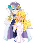  1boy 1girl ahoge blonde_hair blue_eyes crossover dress female_kiran_(fire_emblem) female_kiran_(fire_emblem)_(sky_superdeluxe) fire_emblem fire_emblem_heroes hand_on_another's_neck heart heart_ahoge highres holding_hands hrid_(fire_emblem) kiran_(fire_emblem) music phantom_of_the_opera purple_hair singing star-shaped_hair tuxedo white_dress yancadoodles 