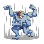  black_male_underwear brown_eyes extra_arms full_body grey_fur looking_at_viewer machamp male_underwear mistray-art muscular muscular_male open_mouth pokemon pokemon_(creature) signature simple_background solo squatting underwear white_background 