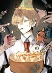  birthday_cake blonde_hair cake candle character_request collared_shirt food happy_birthday hat holding holding_lighter ishmael_(project_moon) lighter limbus_company looking_to_the_side necktie party_hat project_moon red_necktie shirt short_hair simple_background sinclair_(project_moon) solo_focus sweat u3u_sinclair upper_body white_shirt yellow_eyes 
