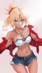 1girl bandeau belt blonde_hair blue_shorts braid breasts cleavage cutoffs denim denim_shorts fate/apocrypha fate/grand_order fate_(series) green_eyes grin highres jacket jewelry long_hair long_sleeves looking_at_viewer mordred_(fate) mordred_(memories_at_trifas)_(fate) navel necklace open_clothes open_jacket parted_bangs ponytail red_jacket shiro_font short_shorts shorts sidelocks small_breasts smile solo tan thighs 