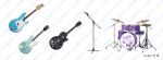  commission drum drum_set electric_guitar guitar highres instrument microphone microphone_stand myusha no_humans official_art sample_watermark simple_background virtual_youtuber vspo! watermark white_background 